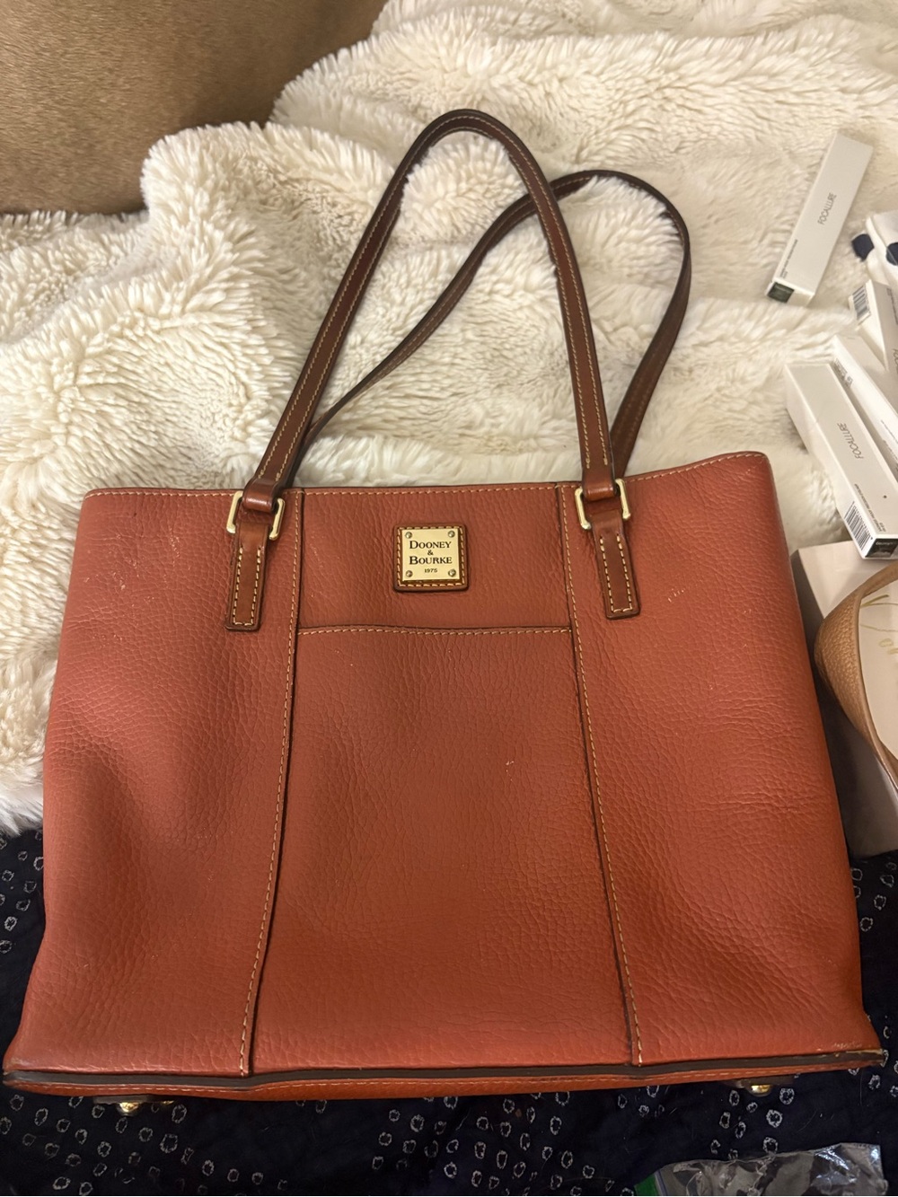 Dooney & Bourke Rust Brown Leather Tote with Gold Plaque